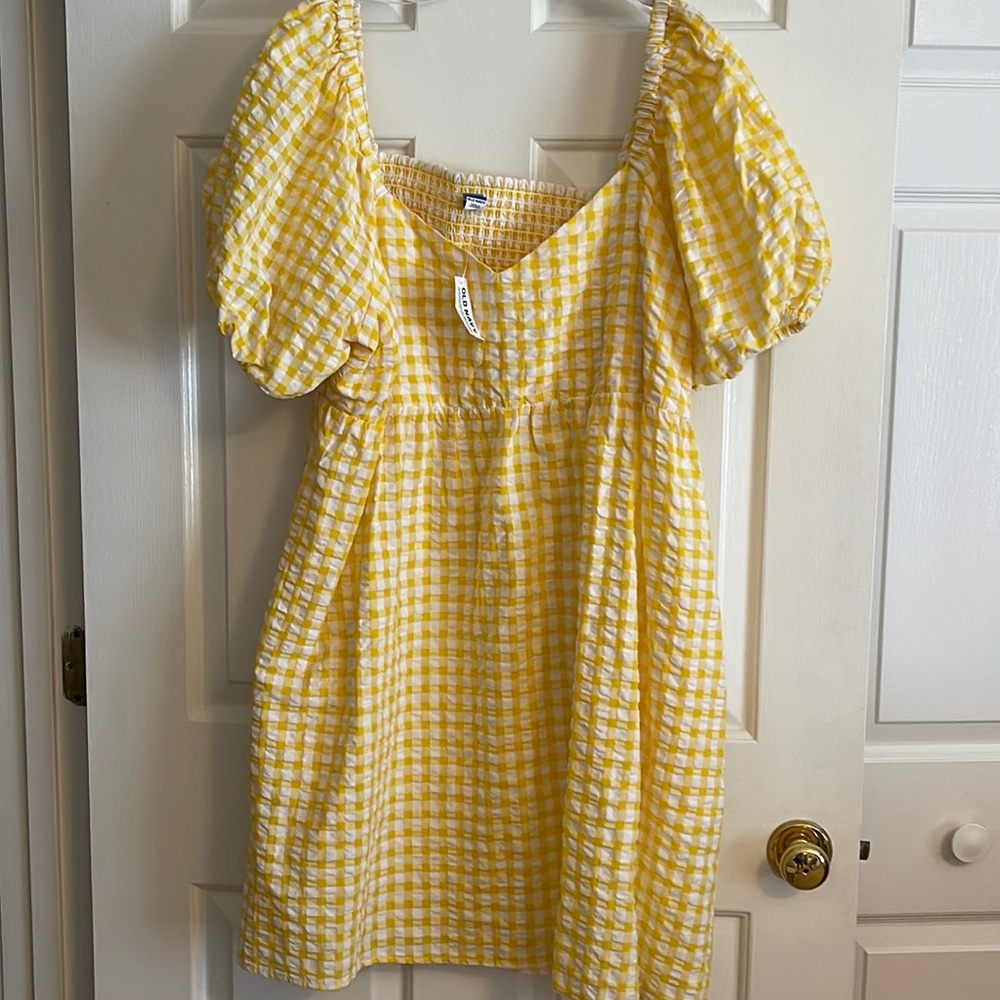 Yellow and White Check Puff Sleeve Dress, Old Navy, Size XL